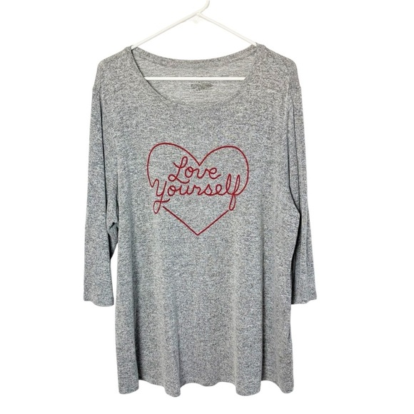 Lane Bryant Gray Lightweight Love Yourself Heart Valentine 3/4 Sleeve Top - Picture 1 of 6
